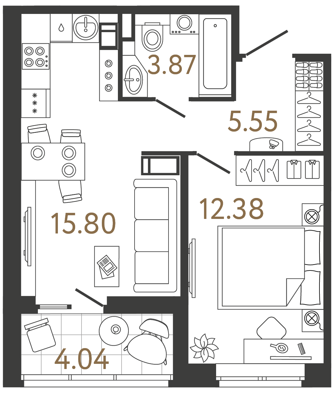 Однокомнатная квартира 37.6 м²