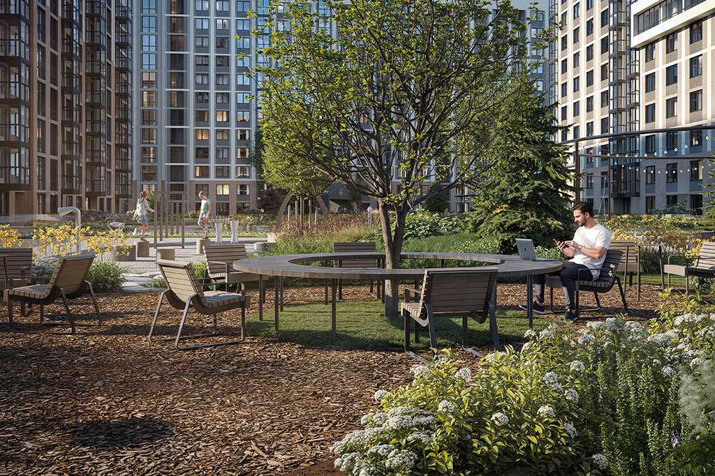 Внутренний двор в жилом комплексе «Гений» застройщика RBI