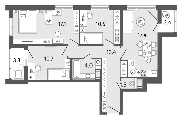 3-комнатная 74.4 м², 11 этаж, 16 321 321 руб.