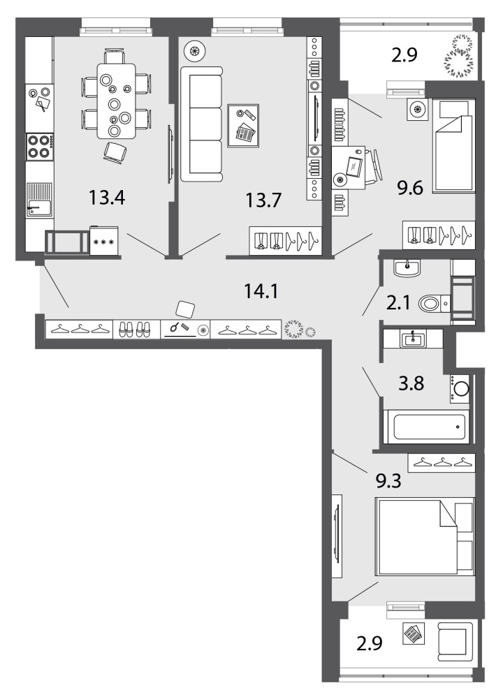 3-комнатная 66.1 м², 6 этаж, 14 500 000 руб.