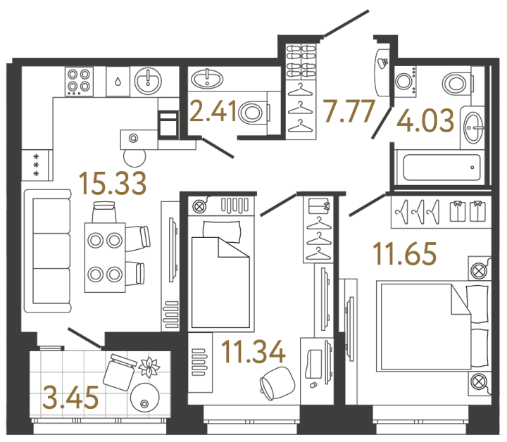 2-комнатная 52.53 м², 2 этаж