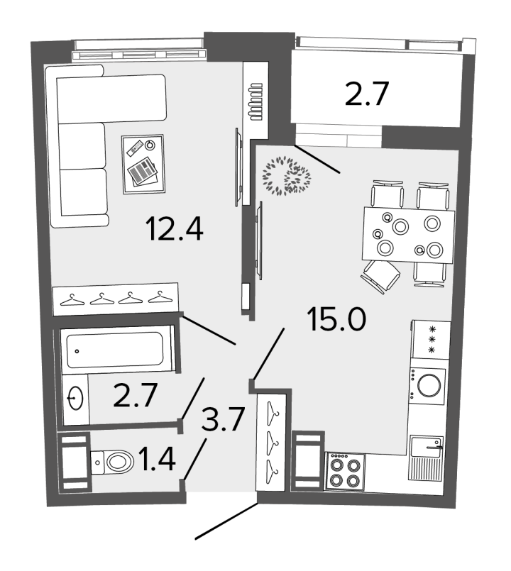 1-комнатная 34.8 м², 15 этаж, 9 200 000 руб.