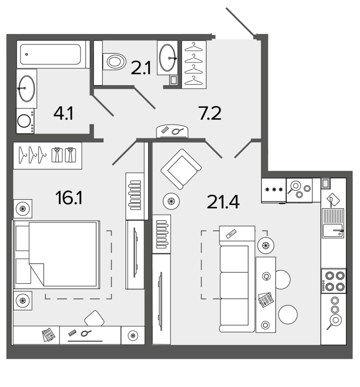 1-комнатная 50.9 м²