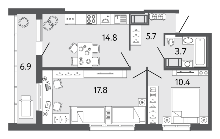 2-комнатная 52.4 м², 20 этаж, 13 119 986 руб.
