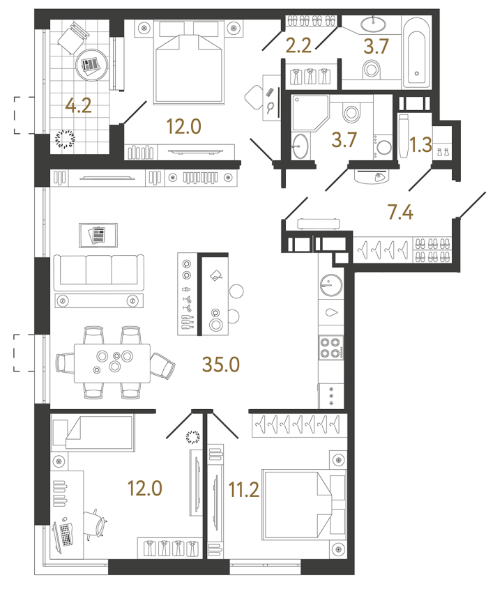 3-комнатная 88.5 м², 14 этаж