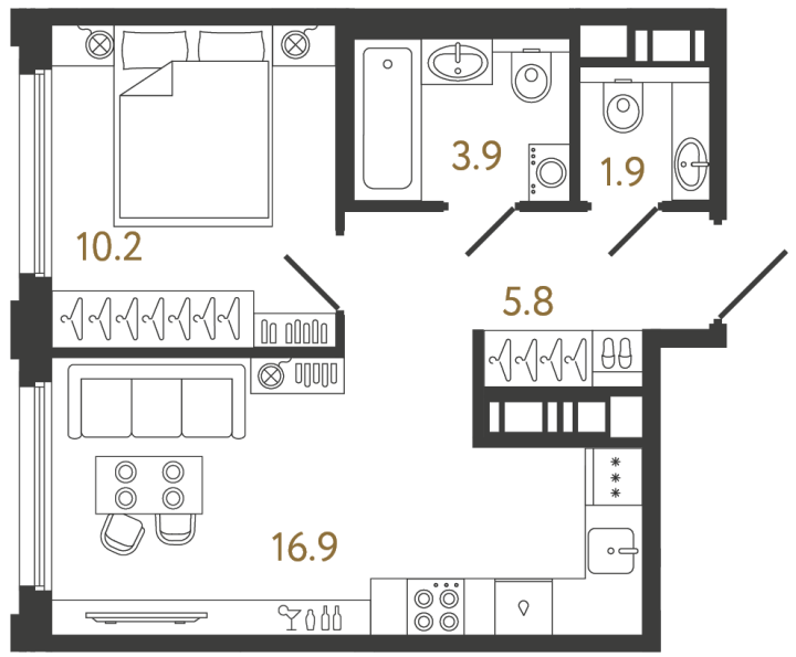 1-комнатная 38.7 м², 12 этаж
