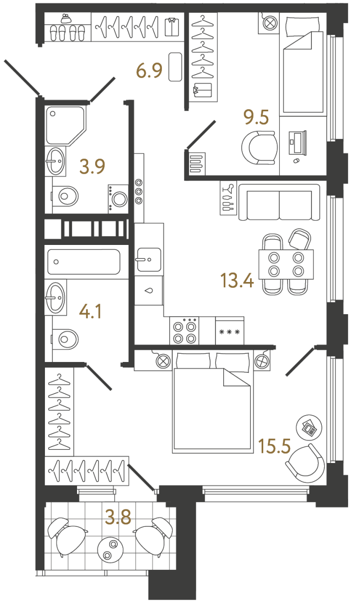 2-комнатная 53.3 м², 13 этаж