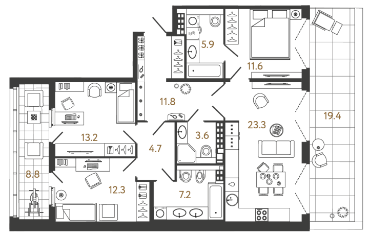 3-комнатная 93.6 м², 8 этаж