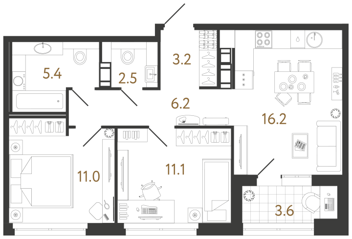 2-комнатная 55.6 м², 11 этаж, 19 374 988 руб.