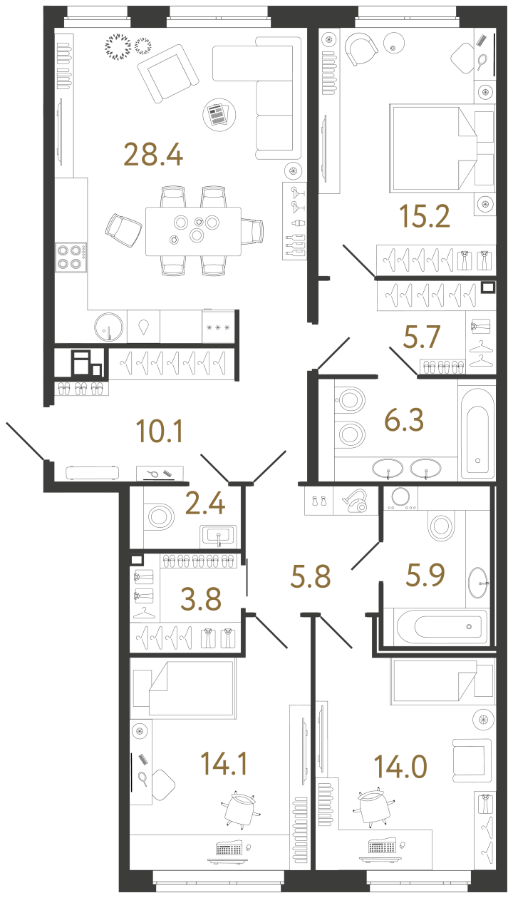 3-комнатная 111.7 м², 2 этаж