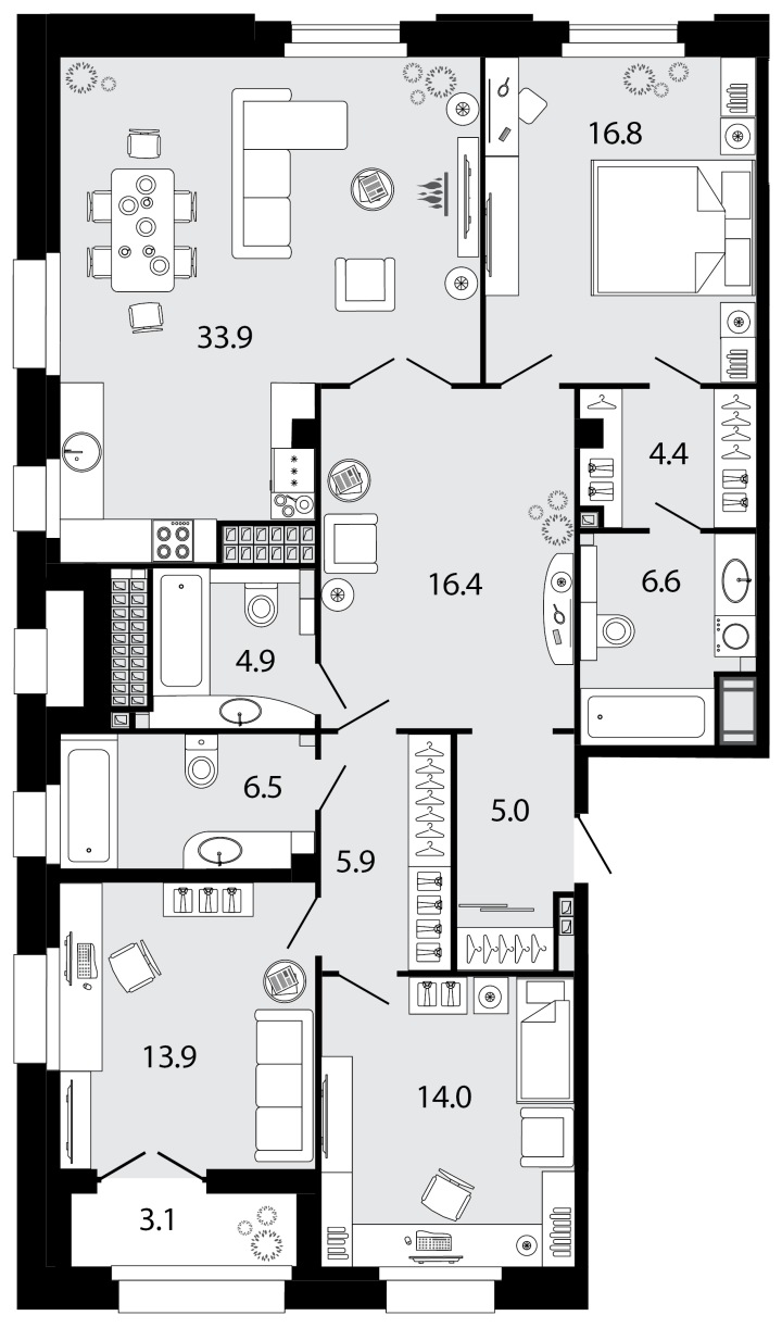 3-комнатная 128.4 м², 9 этаж, 84 027 597 руб.