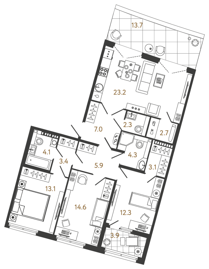 3-комнатная 96 м², 8 этаж