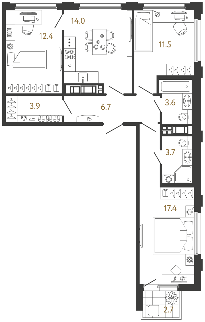 3-комнатная 73.2 м², 13 этаж