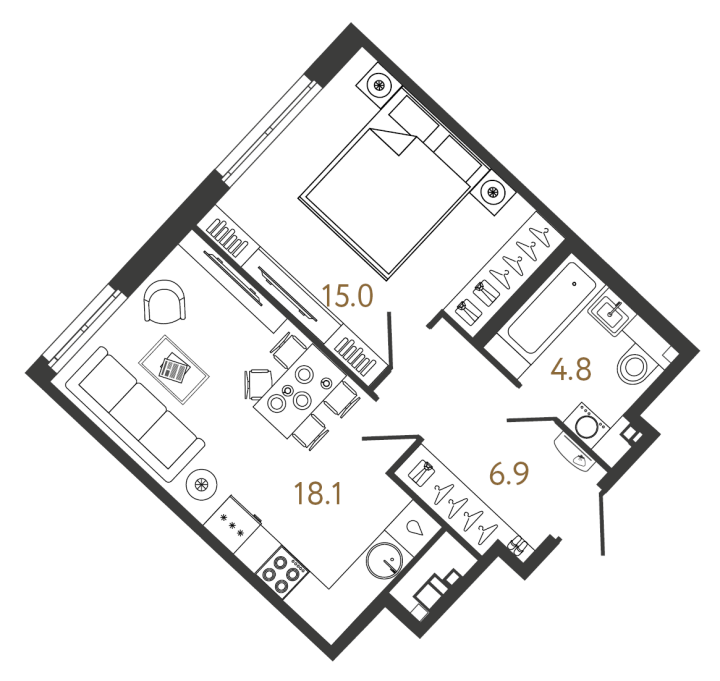 1-комнатная 44.8 м², 3 этаж, 20 768 751 руб.