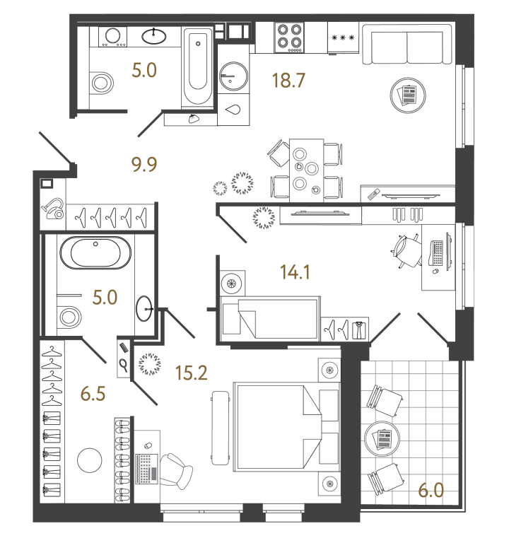 2-комнатный 74.4 м², 2 этаж