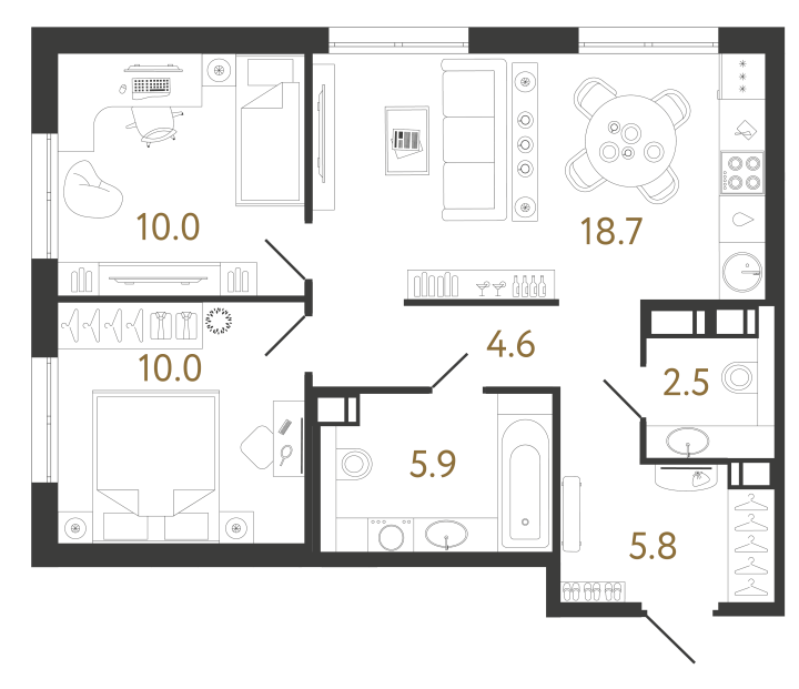 2-комнатная 57.5 м², 15 этаж, 15 128 802 руб.