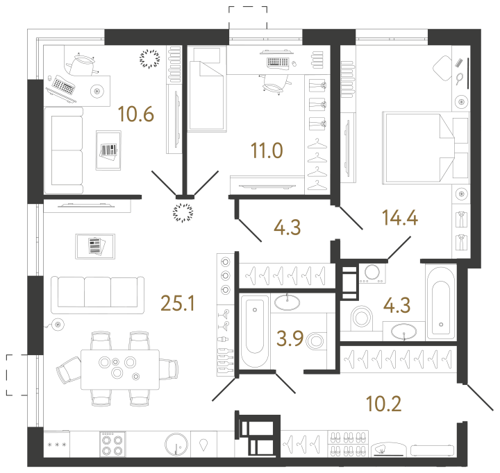 3-комнатная 83.8 м², 7 этаж, 21 265 122 руб.