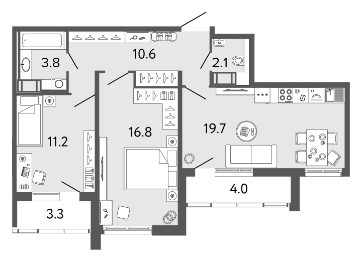2-комнатная 64.2 м², 24 этаж, 16 672 037 руб.