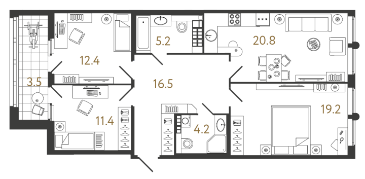 3-комнатная 89.7 м², 6 этаж, 39 812 242 руб.
