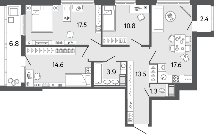 3-комнатная 79.2 м², 16 этаж, 17 704 812 руб.