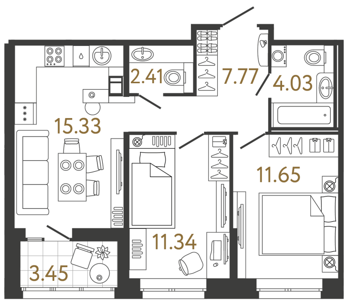 2-комнатная 52.53 м², 8 этаж