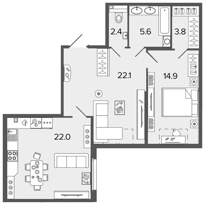 1-комнатная 70.8 м²