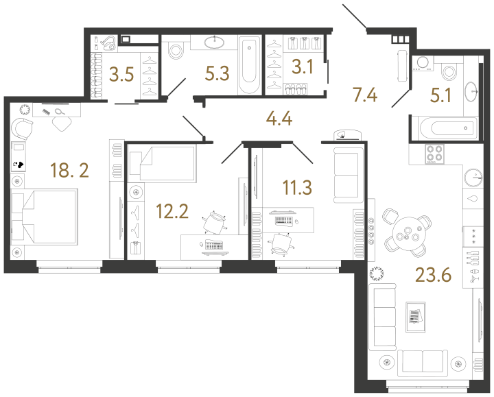 3-комнатная 94.1 м², 2 этаж, 42 708 000 руб.