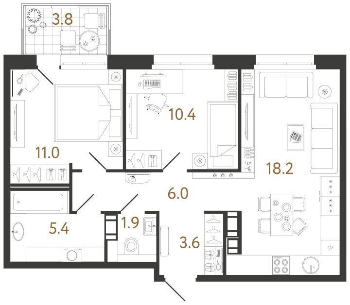 2-комнатная 56.5 м², 11 этаж, 19 496 297 руб.