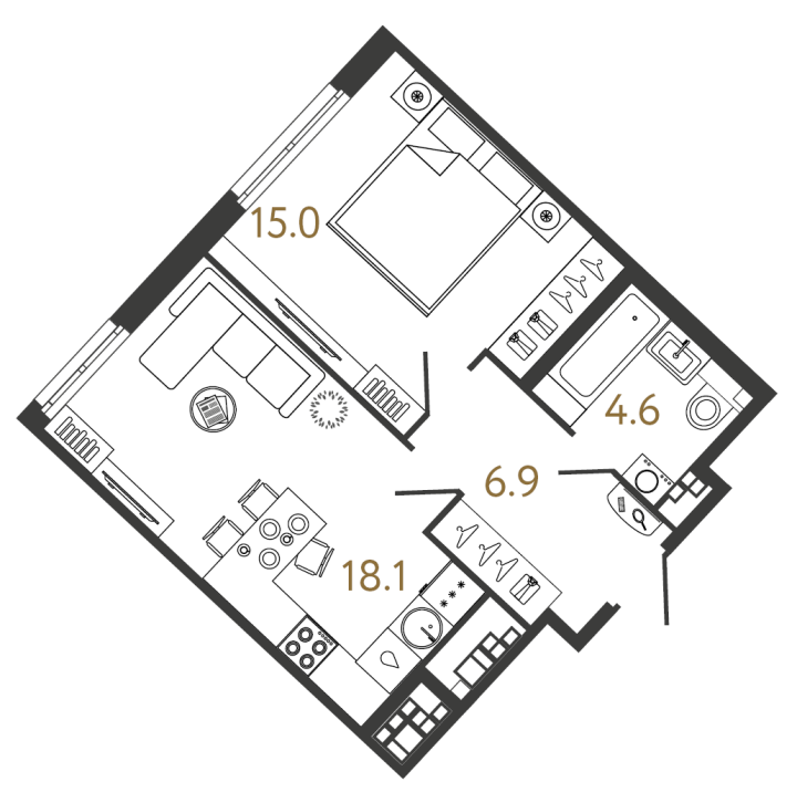 1-комнатная 44.6 м², 5 этаж, 23 930 291 руб.