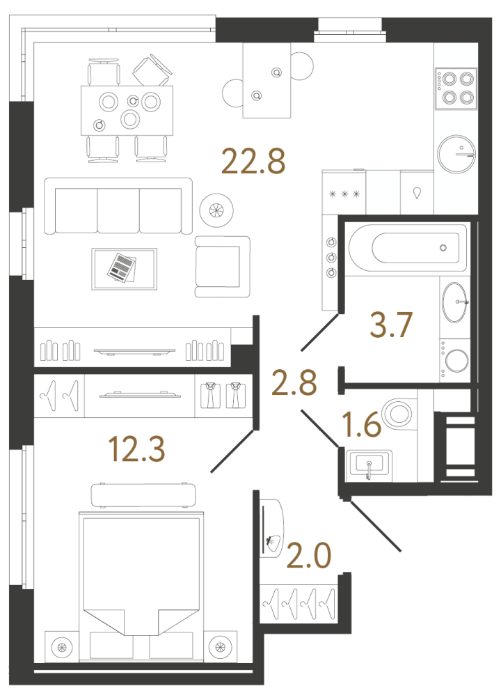 1-комнатная 45.1 м², 10 этаж