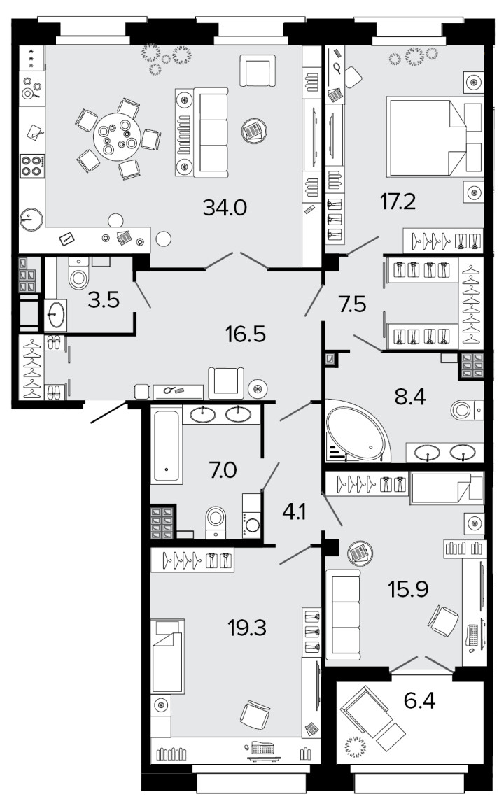 3-комнатная 133.8 м², 6 этаж, 65 708 867 руб.