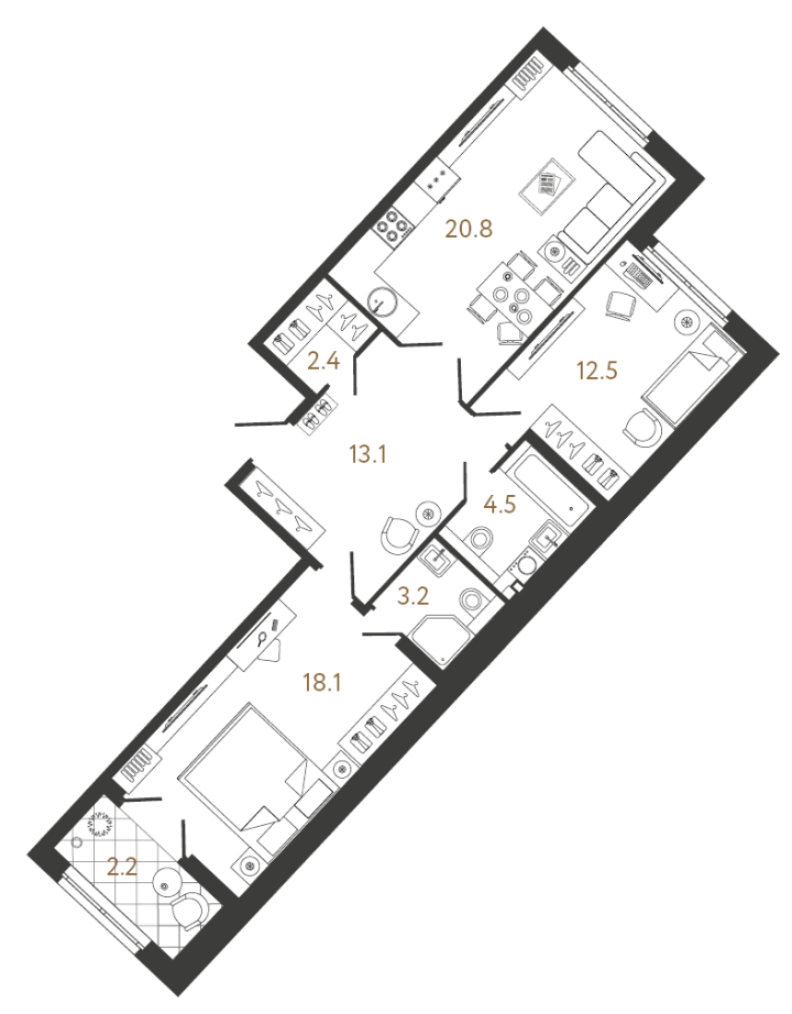 2-комнатная 74.6 м², 3 этаж, 32 165 901 руб.