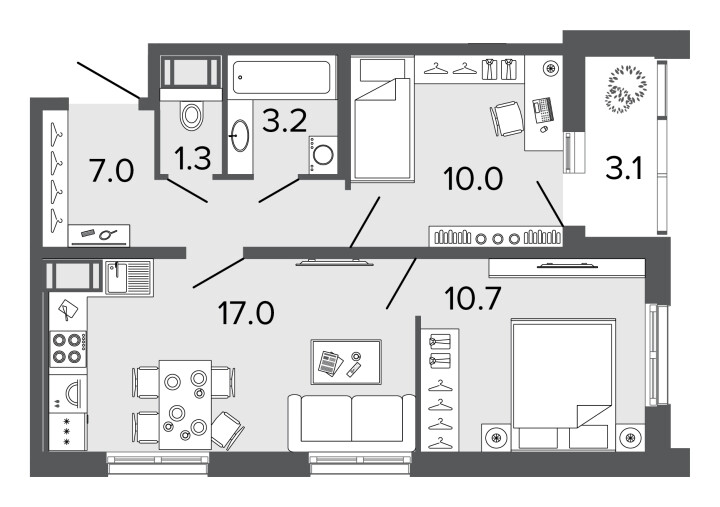 2-комнатная 49.2 м², 6 этаж, 11 990 000 руб.
