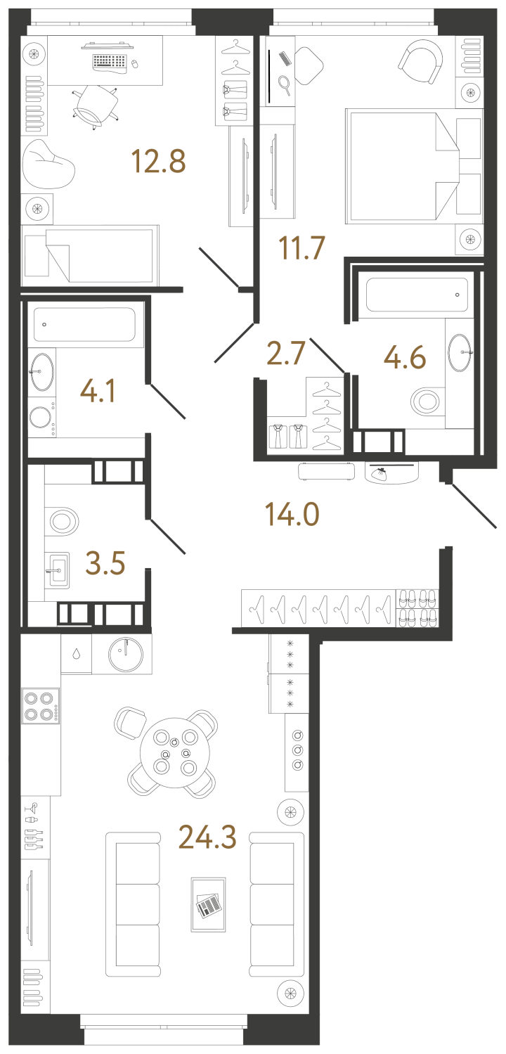 2-комнатная 77.7 м², 5 этаж, 24 515 220 руб.