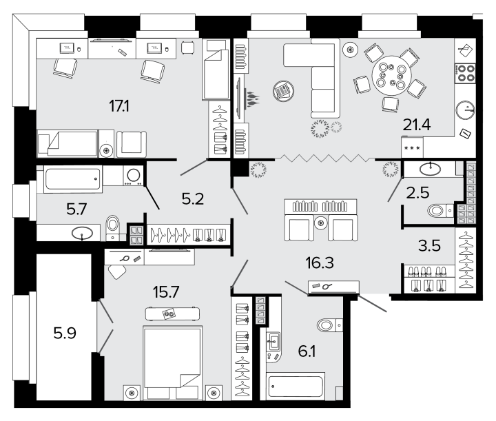 2-комнатная 93.6 м², 5 этаж, 49 592 813 руб.
