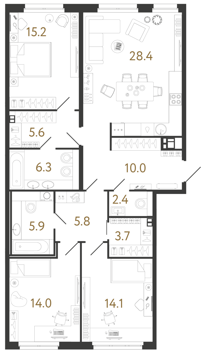 3-комнатная 111.5 м², 3 этаж