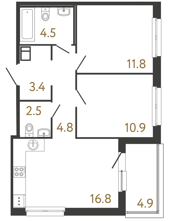 2-комнатная 54.7 м², 11 этаж