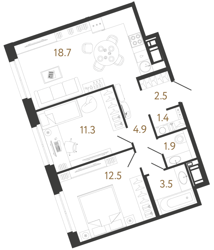 2-комнатная 56.7 м², 6 этаж