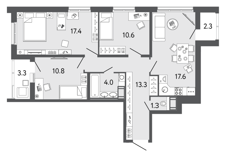 3-комнатная 75 м², 14 этаж, 16 765 920 руб.