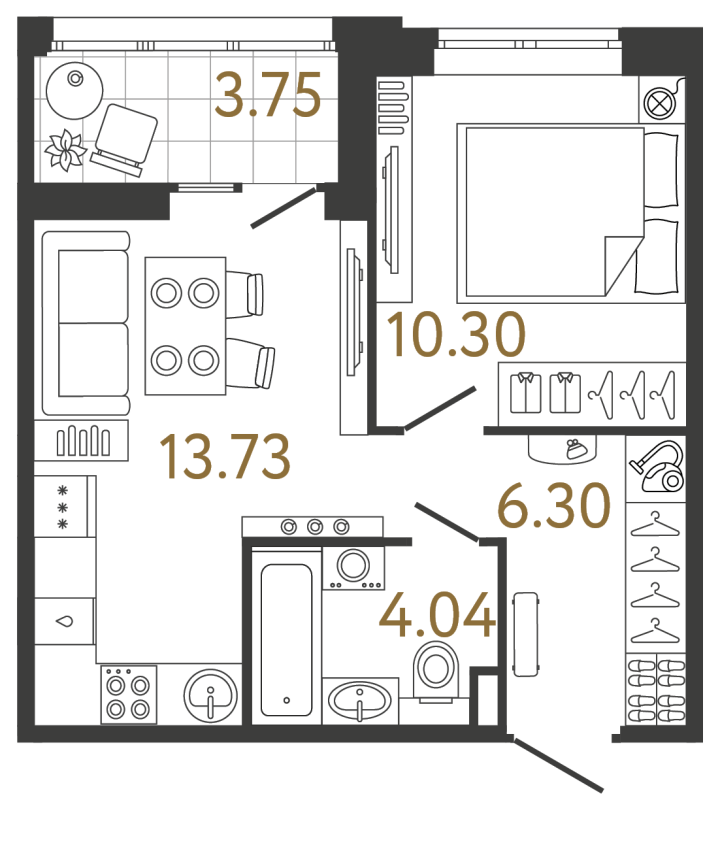 1-комнатная 34.37 м², 2 этаж