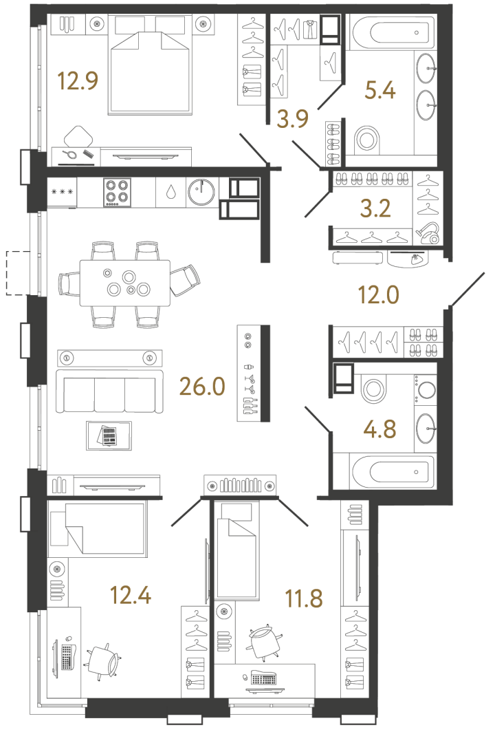 3-комнатная 92.4 м², 11 этаж