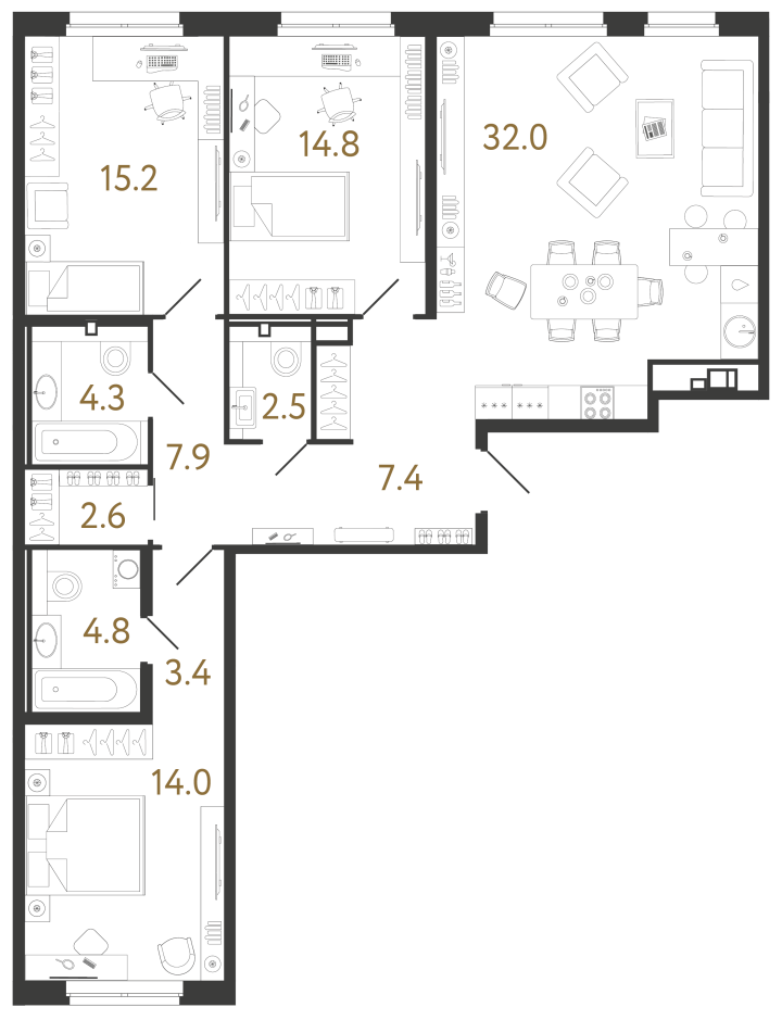 3-комнатная 108.9 м², 2 этаж