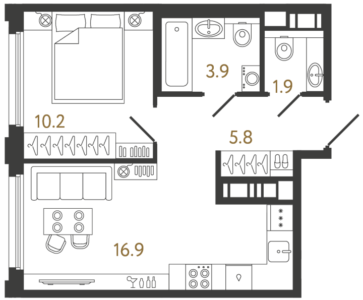 1-комнатная 38.7 м², 5 этаж