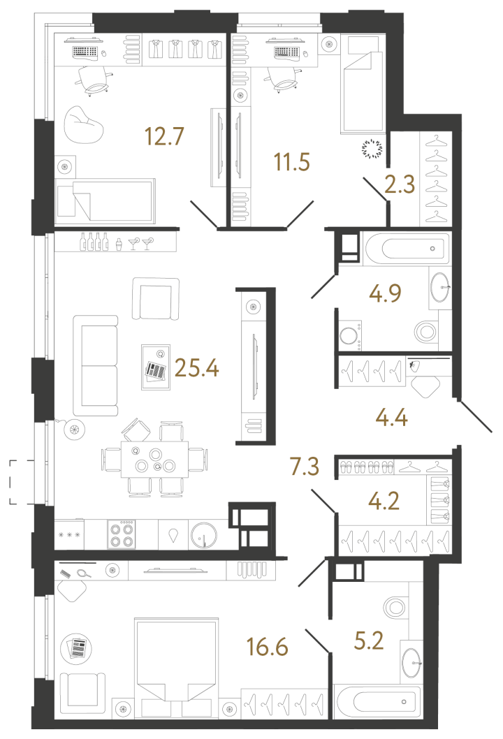 3-комнатная 94.5 м², 5 этаж