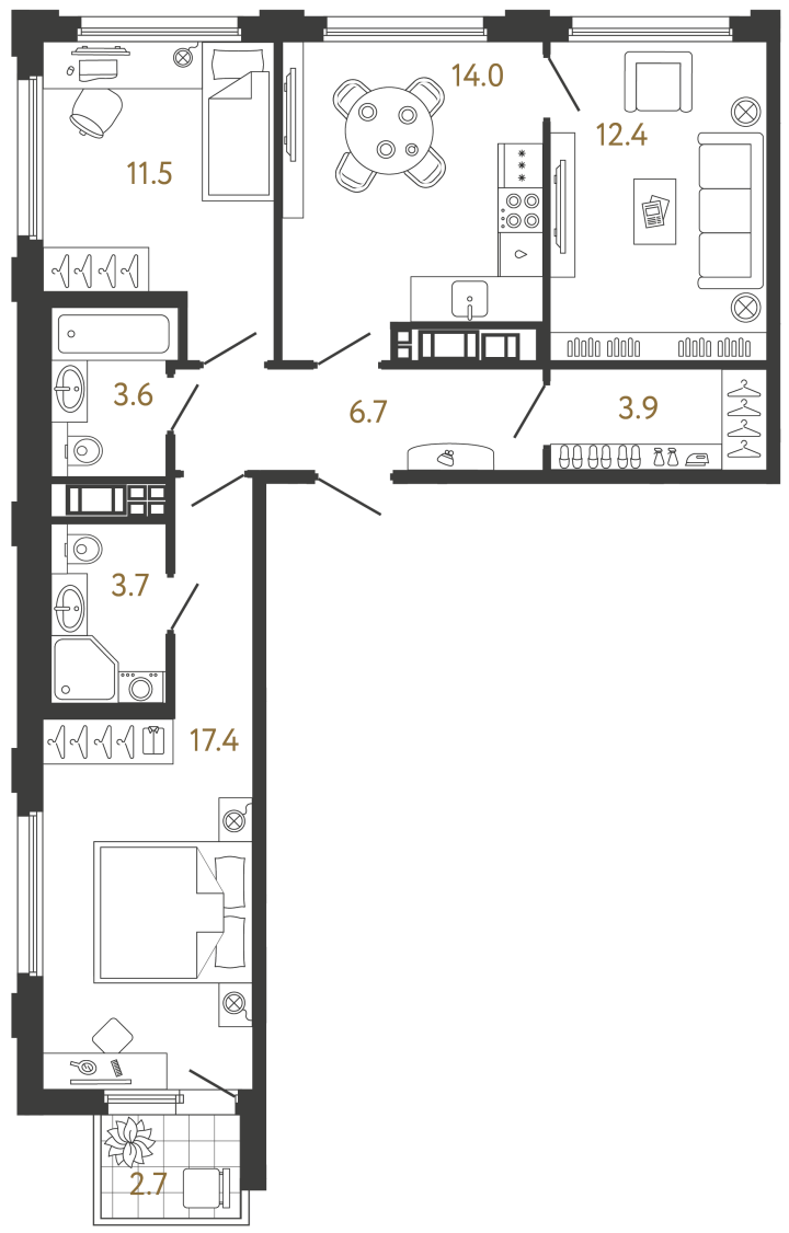 3-комнатная 73.2 м², 13 этаж
