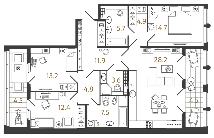 3-комнатная 106.9 м², 6 этаж, 48 364 485 руб.