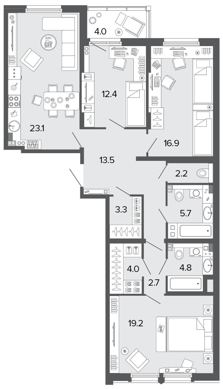 3-комнатная 107.8 м², 4 этаж, 39 076 904 руб.