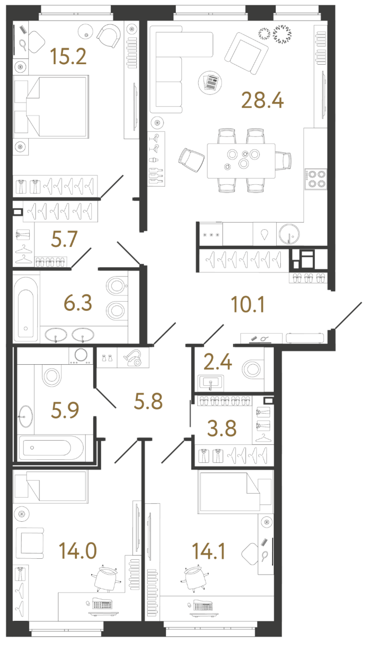 3-комнатная 111.7 м², 2 этаж