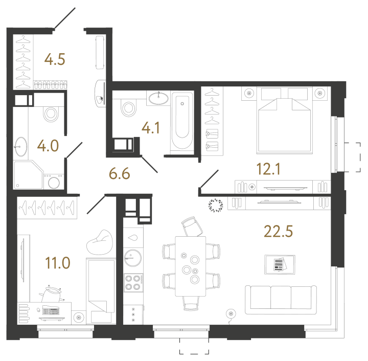 2-комнатная 64.8 м², 8 этаж