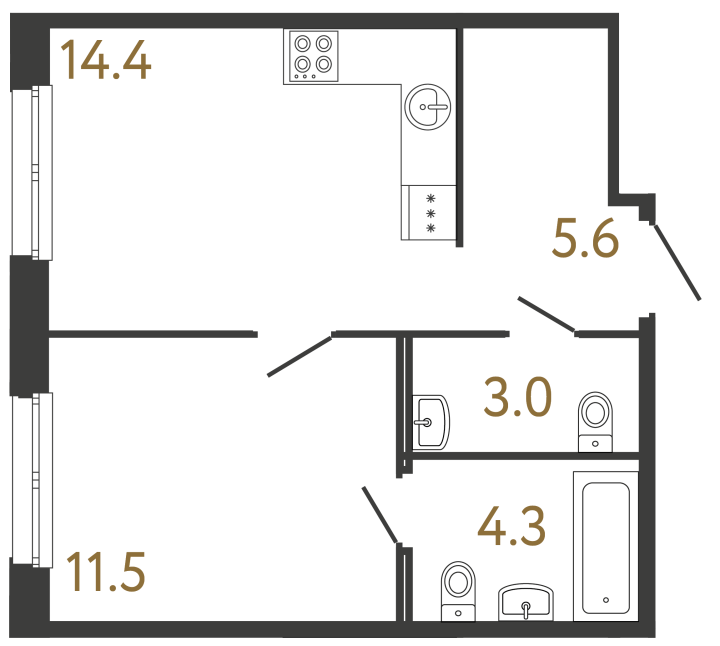 1-комнатная 38.8 м², 2 этаж